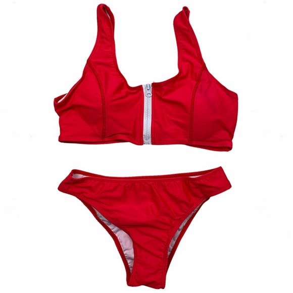 Red & White Scoop Neck Zip-Front Crop Top Bikini - Picture 7 of 15